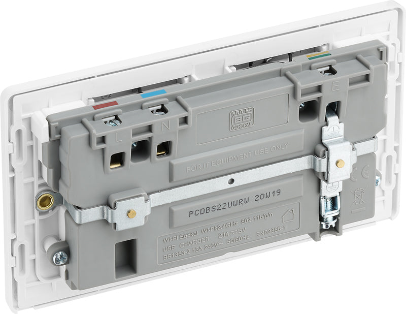 BG Evolve PCDBS22UWRW 13A Double Switched Power Socket + WiFi Extender + 1xUSB(2.1A) - Brushed Steel (White) - westbasedirect.com