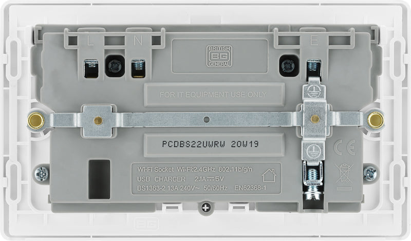 BG Evolve PCDBS22UWRW 13A Double Switched Power Socket + WiFi Extender + 1xUSB(2.1A) - Brushed Steel (White) - westbasedirect.com