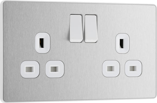 BG Evolve PCDBS22W 13A Double Switched Power Socket - Brushed Steel (White) - westbasedirect.com