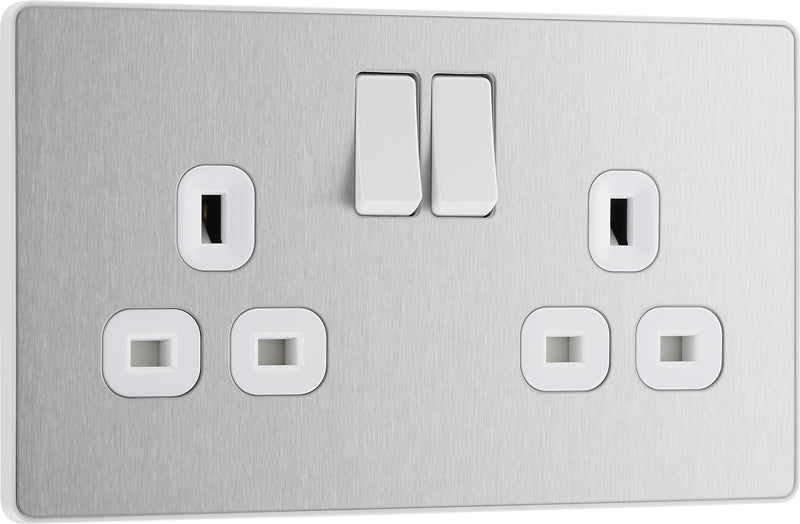 BG Evolve PCDBS22W 13A Double Switched Power Socket - Brushed Steel (White) - westbasedirect.com