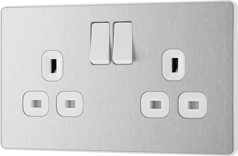 BG Evolve PCDBS22W 13A Double Switched Power Socket - Brushed Steel (White) (5 Pack) - westbasedirect.com