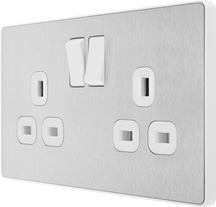 BG Evolve PCDBS22W 13A Double Switched Power Socket - Brushed Steel (White) - westbasedirect.com