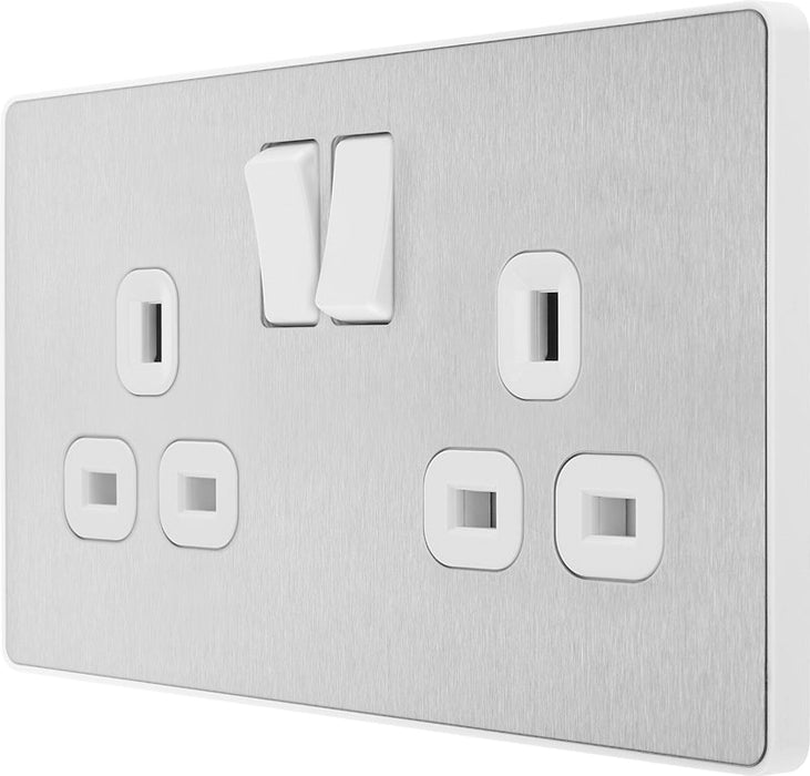 BG Evolve PCDBS22W 13A Double Switched Power Socket - Brushed Steel (White) (5 Pack) - westbasedirect.com