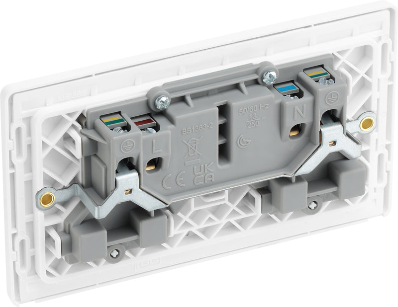 BG Evolve PCDBS22W 13A Double Switched Power Socket - Brushed Steel (White) (5 Pack) - westbasedirect.com