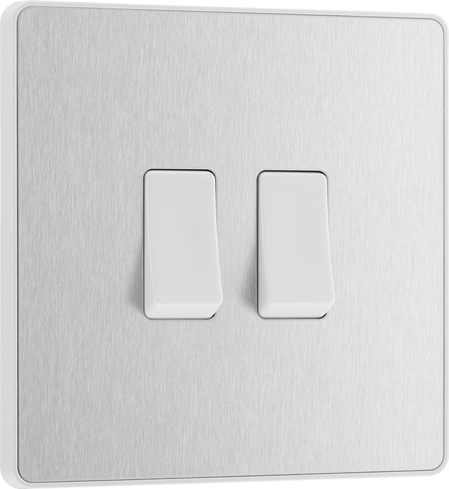 BG Evolve PCDBS42W 20A 16AX 2 Way Double Light Switch - Brushed Steel (White) - westbasedirect.com
