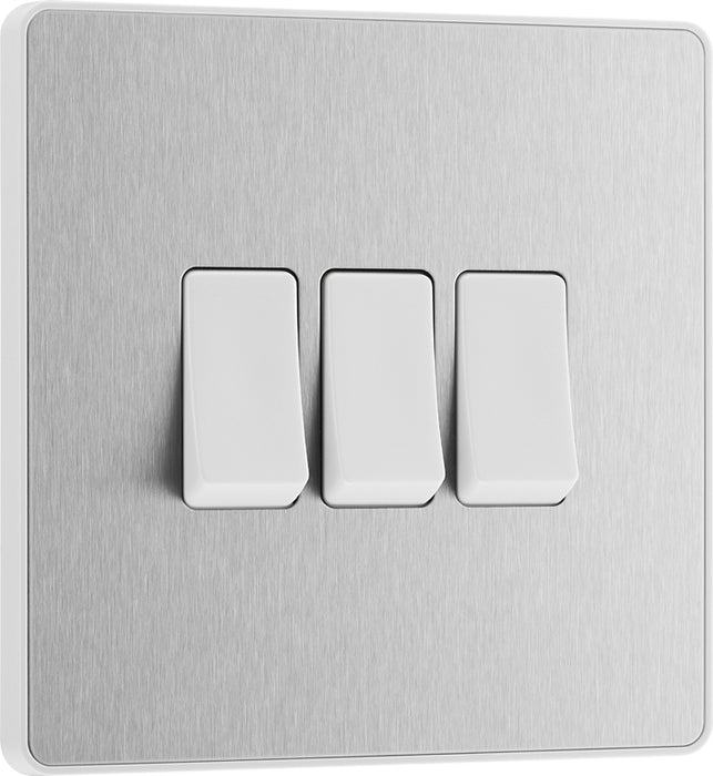 BG Evolve PCDBS43W 20A 16AX 2 Way Triple Light Switch - Brushed Steel (White) - westbasedirect.com
