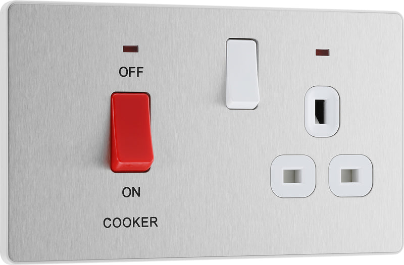 BG Evolve PCDBS70W 45A Cooker Control Socket, Double Pole Switch with LED Power Indicator - Brushed Steel (White) - westbasedirect.com