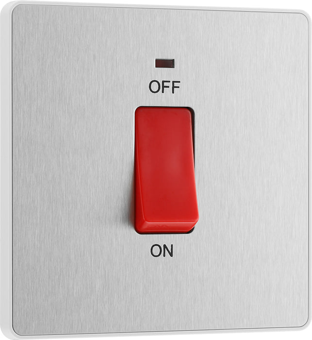 BG Evolve PCDBS74W 45A Double Pole Square Switch with LED Power Indicator - Brushed Steel (White) - westbasedirect.com
