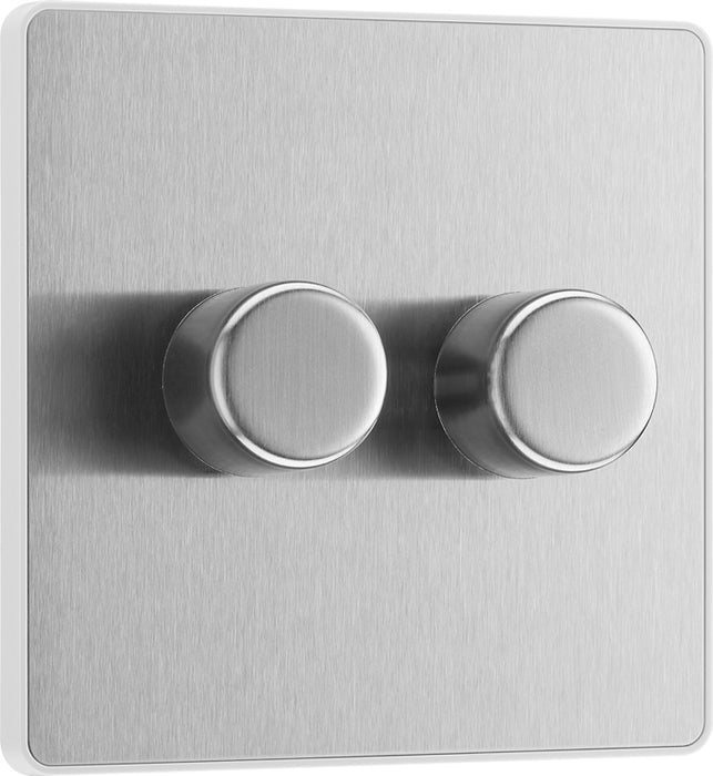 BG Evolve PCDBS82W 2-Way Trailing Edge LED 200W Double Dimmer Switch Push On/Off - Brushed Steel (White) - westbasedirect.com
