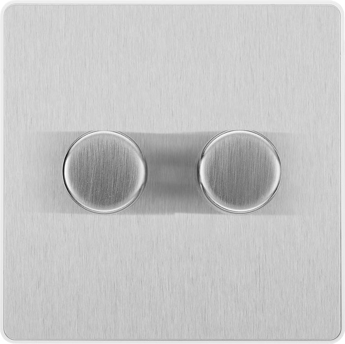 BG Evolve PCDBS82W 2-Way Trailing Edge LED 200W Double Dimmer Switch Push On/Off - Brushed Steel (White) - westbasedirect.com