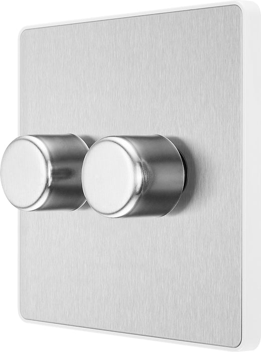 BG Evolve PCDBS82W 2-Way Trailing Edge LED 200W Double Dimmer Switch Push On/Off - Brushed Steel (White) - westbasedirect.com