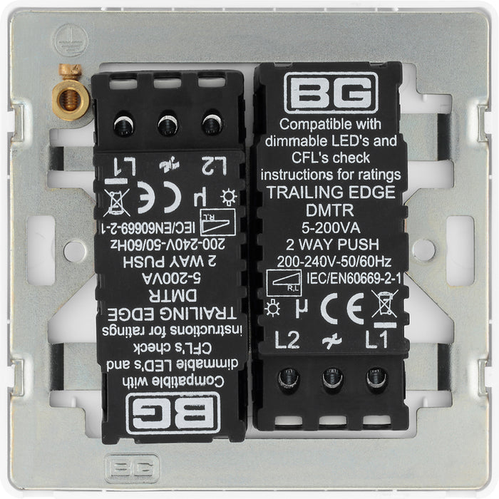 BG Evolve PCDBS82W 2-Way Trailing Edge LED 200W Double Dimmer Switch Push On/Off - Brushed Steel (White) - westbasedirect.com