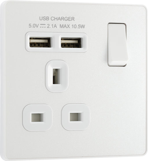 BG Evolve PCDCL21U2W 13A Single Switched Power Socket + 2xUSB(2.1A) - Pearlescent White (White) - westbasedirect.com