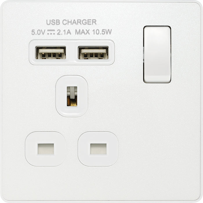 BG Evolve PCDCL21U2W 13A Single Switched Power Socket + 2xUSB(2.1A) - Pearlescent White (White) - westbasedirect.com