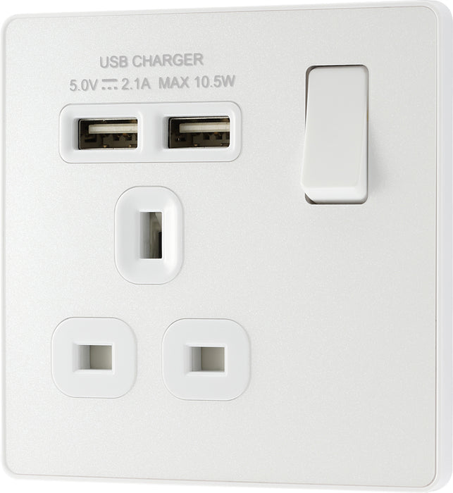 BG Evolve PCDCL21U2W 13A Single Switched Power Socket + 2xUSB(2.1A) - Pearlescent White (White) - westbasedirect.com