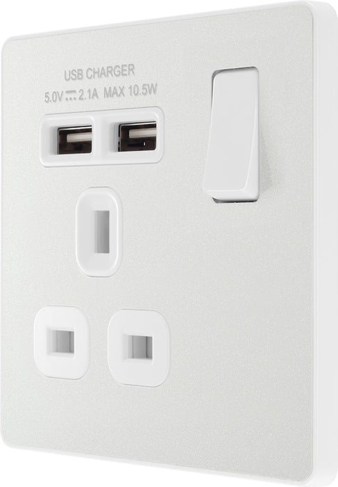 BG Evolve PCDCL21U2W 13A Single Switched Power Socket + 2xUSB(2.1A) - Pearlescent White (White) - westbasedirect.com