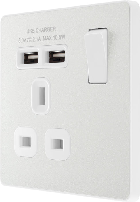 BG Evolve PCDCL21U2W 13A Single Switched Power Socket + 2xUSB(2.1A) - Pearlescent White (White) - westbasedirect.com