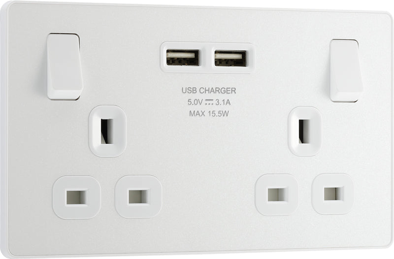 BG Evolve PCDCL22U3W 13A Double Switched Power Socket + 2xUSB(3.1A) - Pearlescent White (White) - westbasedirect.com