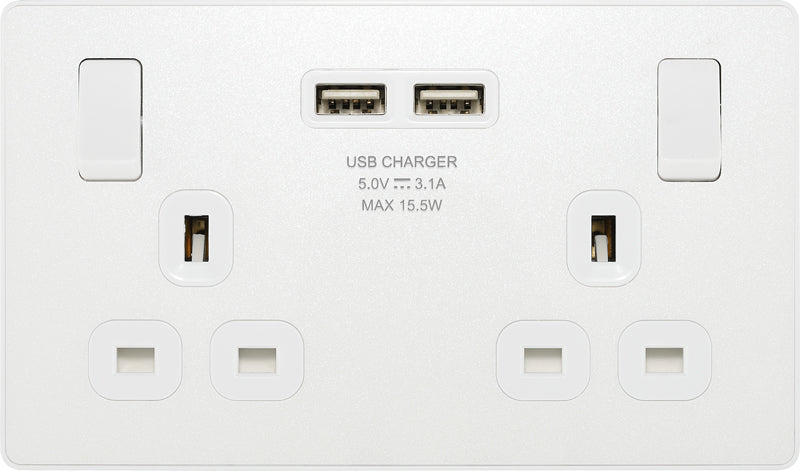 BG Evolve PCDCL22U3W 13A Double Switched Power Socket + 2xUSB(3.1A) - Pearlescent White (White) (5 Pack) - westbasedirect.com