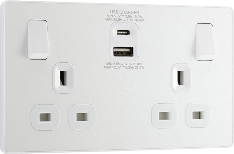 BG Evolve PCDCL22UAC30W 13A Double Switched Power Socket + USB C 30W + USB A(3.1A) - Pearlescent White (White) - westbasedirect.com