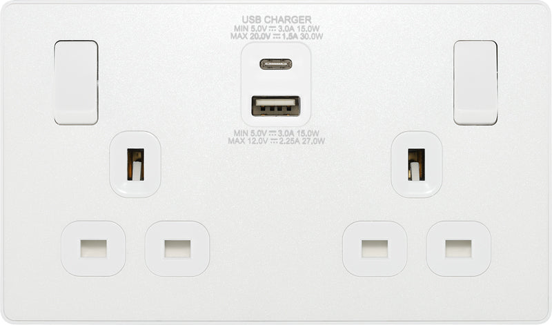 BG Evolve PCDCL22UAC30W 13A Double Switched Power Socket + USB C 30W + USB A(3.1A) - Pearlescent White (White) - westbasedirect.com