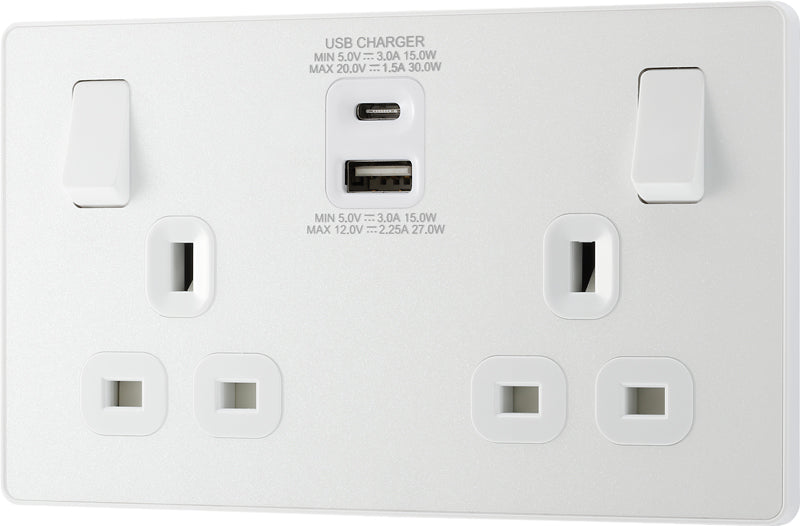 BG Evolve PCDCL22UAC30W 13A Double Switched Power Socket + USB C 30W + USB A(3.1A) - Pearlescent White (White) - westbasedirect.com