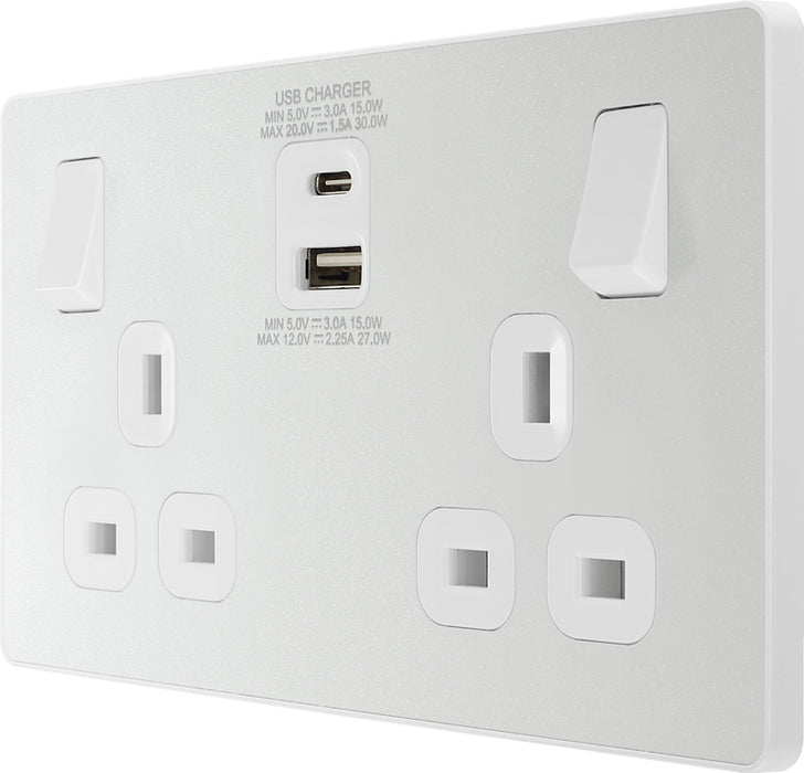 BG Evolve PCDCL22UAC30W 13A Double Switched Power Socket + USB C 30W + USB A(3.1A) - Pearlescent White (White) - westbasedirect.com