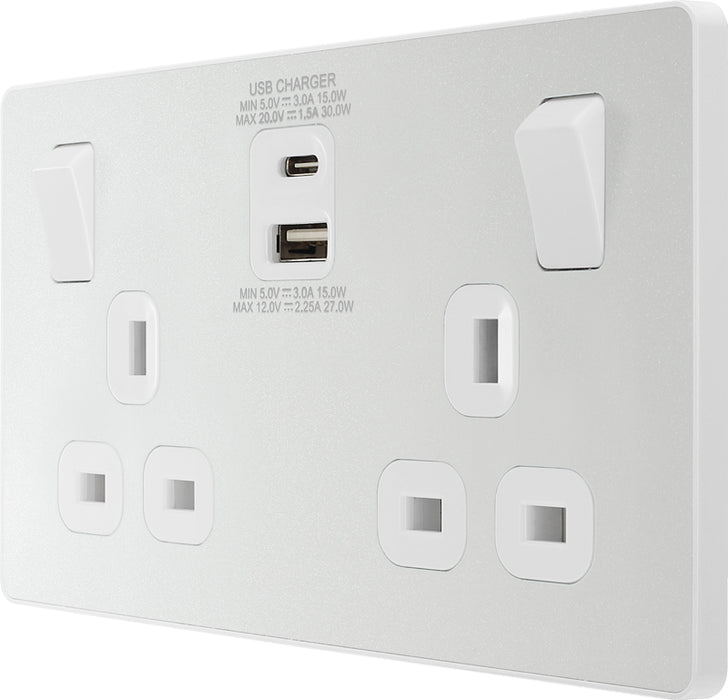 BG Evolve PCDCL22UAC30W 13A Double Switched Power Socket + USB C 30W + USB A(3.1A) - Pearlescent White (White) - westbasedirect.com