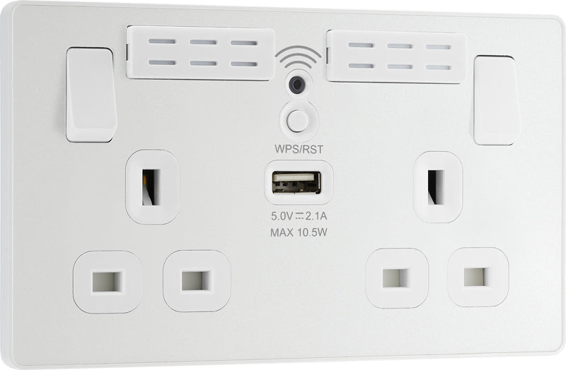 BG Evolve PCDCL22UWRW 13A Double Switched Power Socket + WiFi Extender + 1xUSB(2.1A) - Pearlescent White (White) - westbasedirect.com
