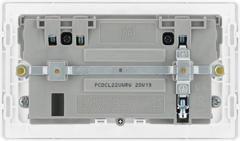 BG Evolve PCDCL22UWRW 13A Double Switched Power Socket + WiFi Extender + 1xUSB(2.1A) - Pearlescent White (White) - westbasedirect.com