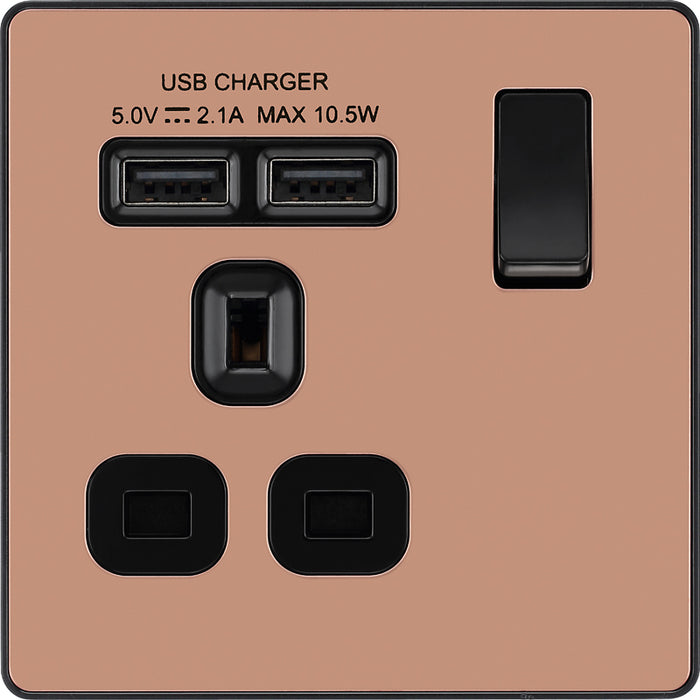 BG Evolve PCDCP21U2B 13A Single Switched Power Socket + 2xUSB(2.1A) - Polished Copper (Black) - westbasedirect.com