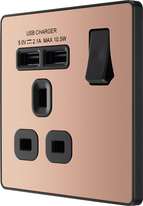 BG Evolve PCDCP21U2B 13A Single Switched Power Socket + 2xUSB(2.1A) - Polished Copper (Black) - westbasedirect.com