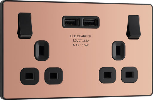 BG Evolve PCDCP22U3B 13A Double Switched Power Socket + 2xUSB(3.1A) - Polished Copper (Black) - westbasedirect.com