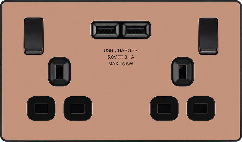 BG Evolve PCDCP22U3B 13A Double Switched Power Socket + 2xUSB(3.1A) - Polished Copper (Black) - westbasedirect.com