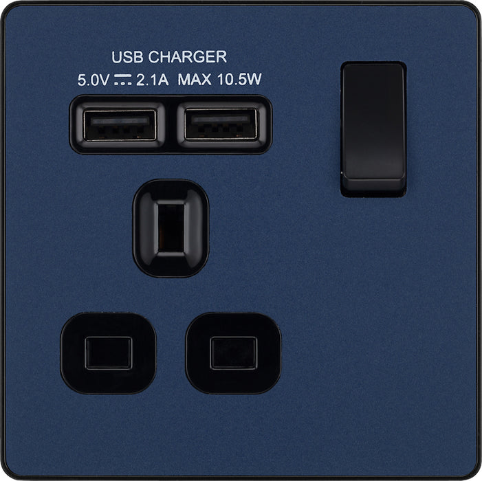 BG Evolve PCDDB21U2B 13A Single Switched Power Socket + 2xUSB(2.1A) - Matt Blue (Black) - westbasedirect.com