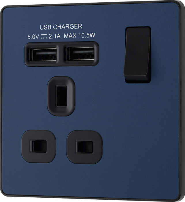 BG Evolve PCDDB21U2B 13A Single Switched Power Socket + 2xUSB(2.1A) - Matt Blue (Black) - westbasedirect.com