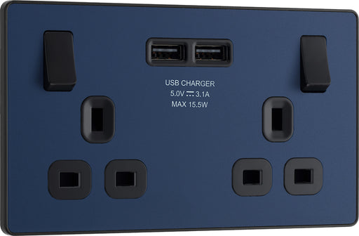 BG Evolve PCDDB22U3B 13A Double Switched Power Socket + 2xUSB(3.1A) - Matt Blue (Black) - westbasedirect.com