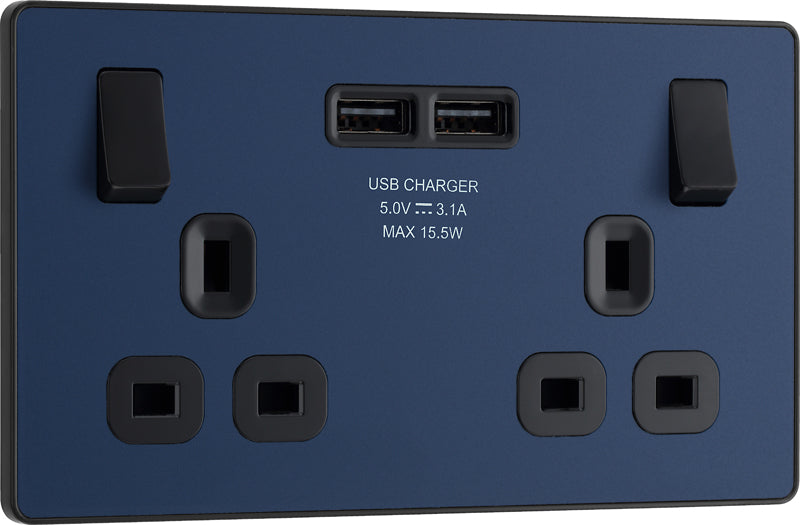 BG Evolve PCDDB22U3B 13A Double Switched Power Socket + 2xUSB(3.1A) - Matt Blue (Black) - westbasedirect.com