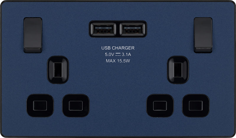 BG Evolve PCDDB22U3B 13A Double Switched Power Socket + 2xUSB(3.1A) - Matt Blue (Black) (5 Pack) - westbasedirect.com