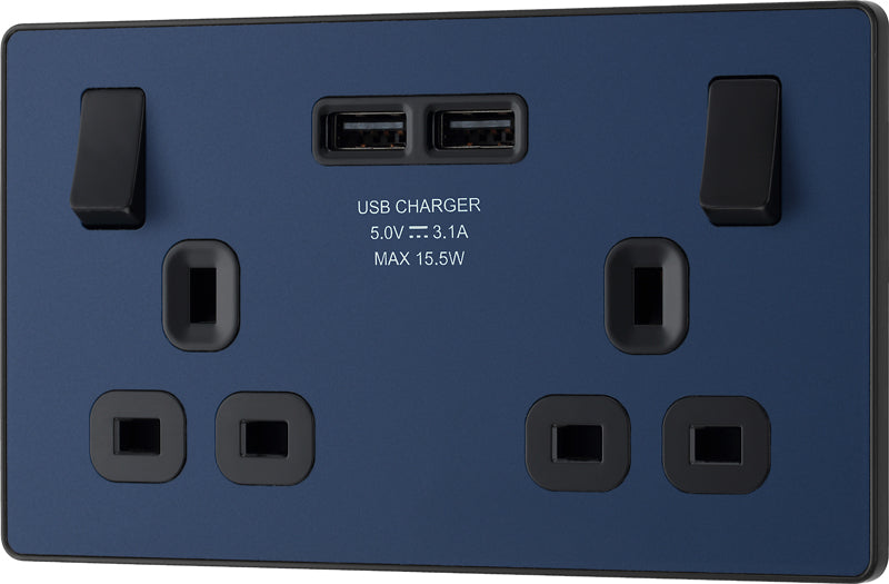 BG Evolve PCDDB22U3B 13A Double Switched Power Socket + 2xUSB(3.1A) - Matt Blue (Black) - westbasedirect.com