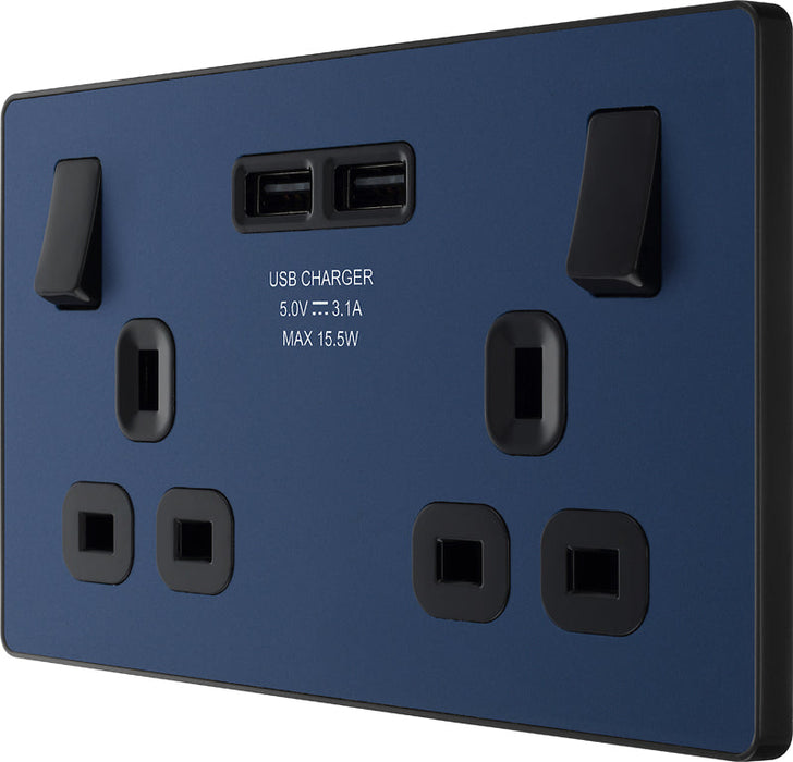 BG Evolve PCDDB22U3B 13A Double Switched Power Socket + 2xUSB(3.1A) - Matt Blue (Black) (5 Pack) - westbasedirect.com