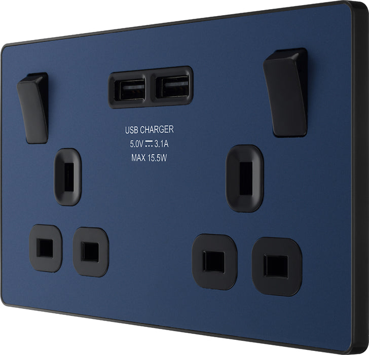 BG Evolve PCDDB22U3B 13A Double Switched Power Socket + 2xUSB(3.1A) - Matt Blue (Black) - westbasedirect.com