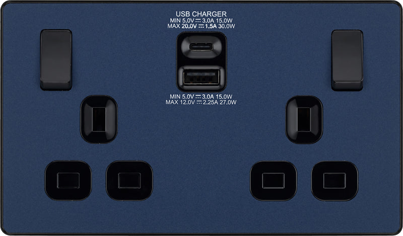 BG Evolve PCDDB22UAC30B 13A Double Switched Power Socket + USB C 30W + USB A(3.1A) - Matt Blue (Black) - westbasedirect.com