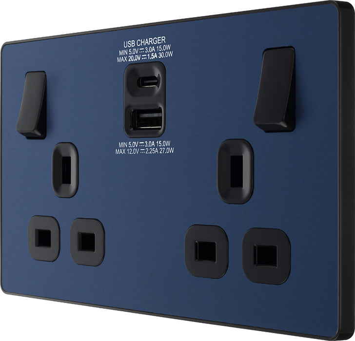 BG Evolve PCDDB22UAC30B 13A Double Switched Power Socket + USB C 30W + USB A(3.1A) - Matt Blue (Black) - westbasedirect.com