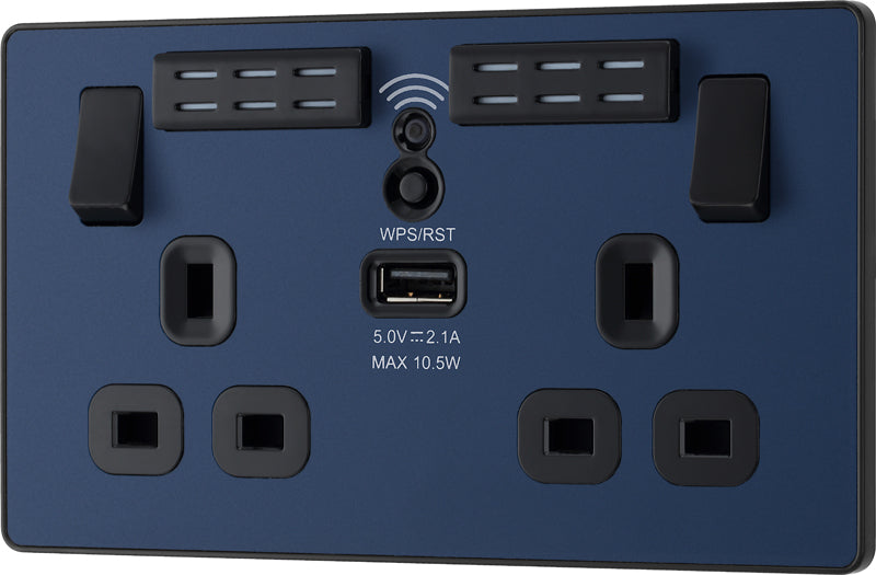 BG Evolve PCDDB22UWRB 13A Double Switched Power Socket + WiFi Extender + 1xUSB(2.1A) - Matt Blue (Black) - westbasedirect.com