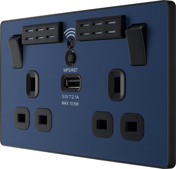 BG Evolve PCDDB22UWRB 13A Double Switched Power Socket + WiFi Extender + 1xUSB(2.1A) - Matt Blue (Black) - westbasedirect.com