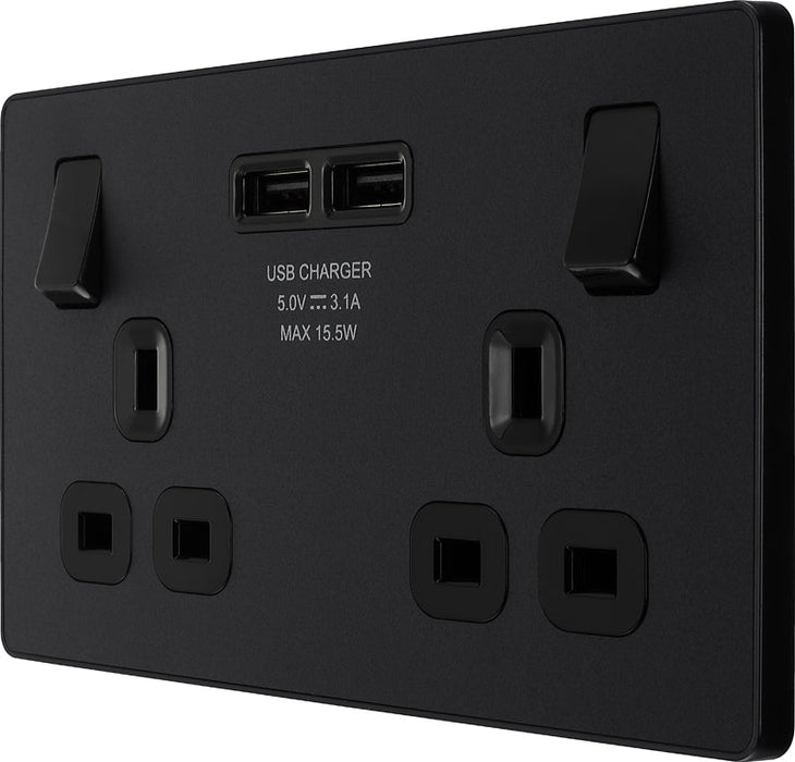 BG Evolve PCDMB22U3B 13A Double Switched Power Socket + 2xUSB(3.1A) - Matt Black (Black) (5 Pack) - westbasedirect.com