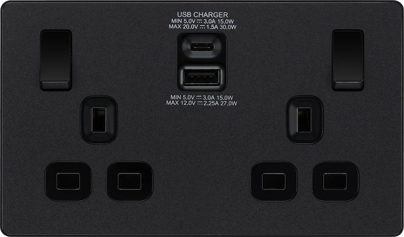 BG Evolve PCDMB22UAC30B 13A Double Switched Power Socket + USB C 30W + USB A(3.1A) - Matt Black (Black) - westbasedirect.com