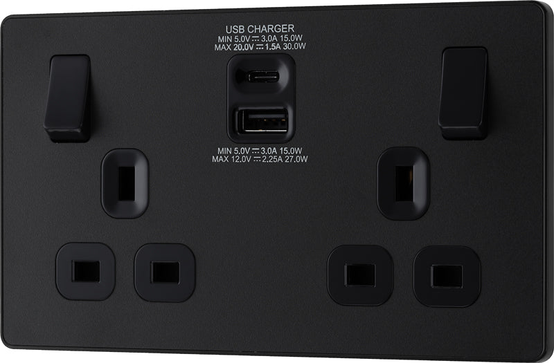 BG Evolve PCDMB22UAC30B 13A Double Switched Power Socket + USB C 30W + USB A(3.1A) - Matt Black (Black) - westbasedirect.com