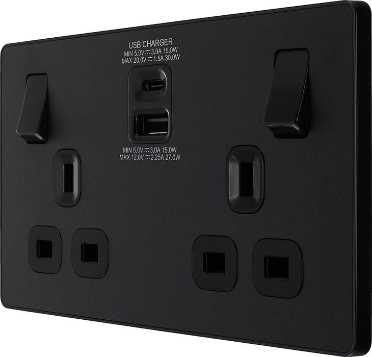 BG Evolve PCDMB22UAC30B 13A Double Switched Power Socket + USB C 30W + USB A(3.1A) - Matt Black (Black) - westbasedirect.com